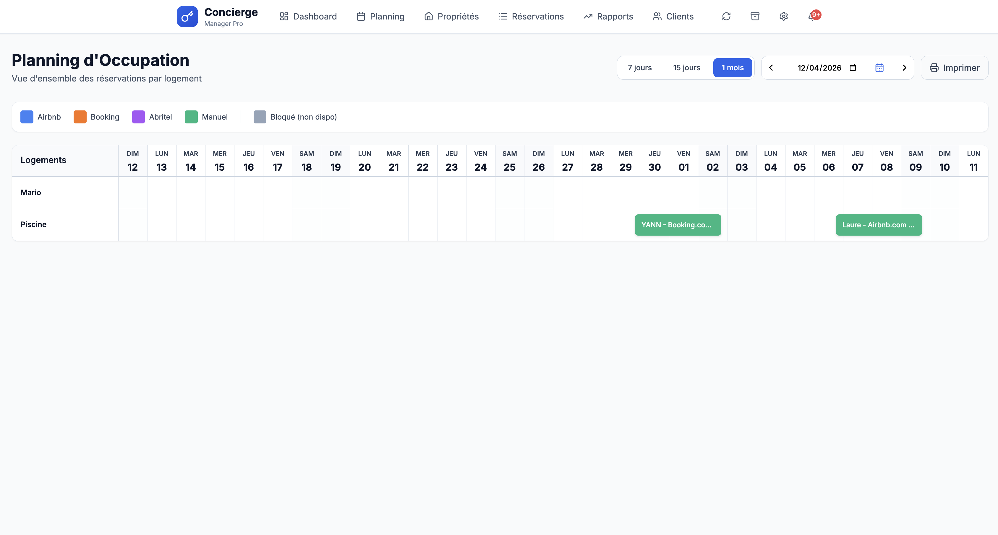 Planning des reservations